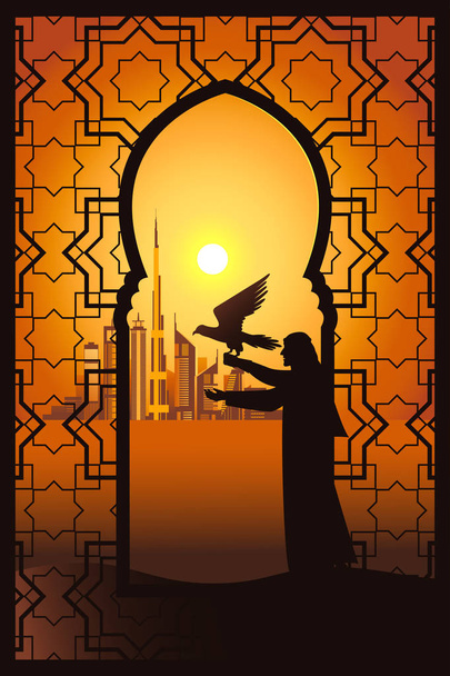 Falconer au coucher du soleil dans le désert sur l'illustration vectorielle de fond de la ville de Dubaï. Vue à travers la fenêtre arabesque traditionnelle
. - Vecteur, image
