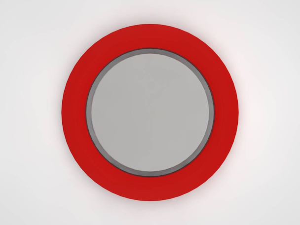 A kép szürke alátétek, gombok, a közepén a piros gyűrű. Vonzza a figyelmet. fehér háttér előtt 3D-leképezés. - Fotó, kép