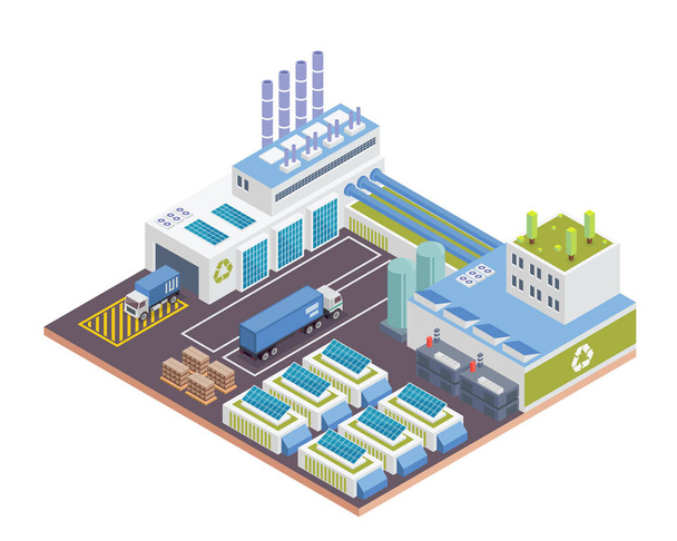 Modern Isometric Green Recycle Factory Building With Solar Panel Energy, Suitable for Diagrams, Infographics, Illustration, And Other Graphic Related Assets - Vetor, Imagem