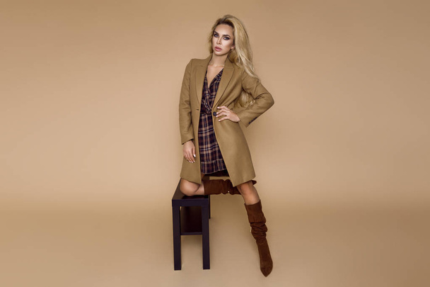 Beautiful female model in a winter coat and boots, goes shopping. - Foto, afbeelding