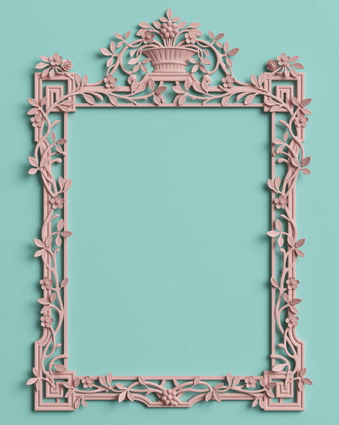 Classic frame with ornament decor in pastel pink color on pastel mint blue background. Digital illustration. 3d rendering - 写真・画像