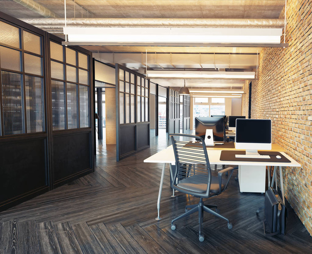 design de interiores de escritório moderno. Conceito de Loft renderização 3d
 - Foto, Imagem