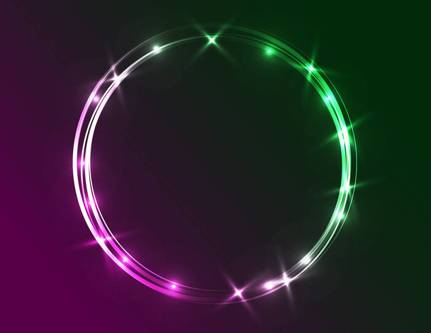 Neon glitter round frame on green and purple background - Vecteur, image