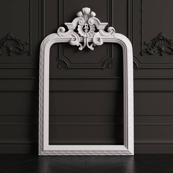 Classic carved mirror frame in white color mockup with copy space. Black walls with ornated mouldings. Floor parquet herringbone painted black.Digital Illustration.3d rendering - 写真・画像