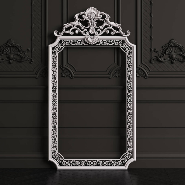 Classic carved mirror frame in white color mockup with copy space. Black walls with ornated mouldings. Floor parquet herringbone painted black.Digital Illustration.3d rendering - Foto, Imagen