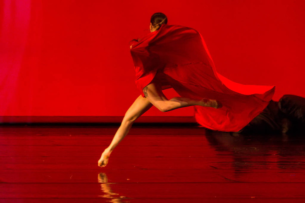 Soluň, Řecko - 9. května 2018: Unidentifieds baletní tanečníci během výkonu The Firebird během Skg mosty umění a kultury Festival, který přijal místo v Thessaloniki Concert Hall - Fotografie, Obrázek