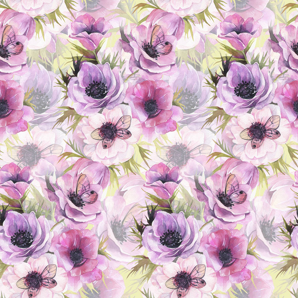 Watercolor seamless pattern with anemones and butterflies. Romantic botanical wallpaper. - Фото, зображення