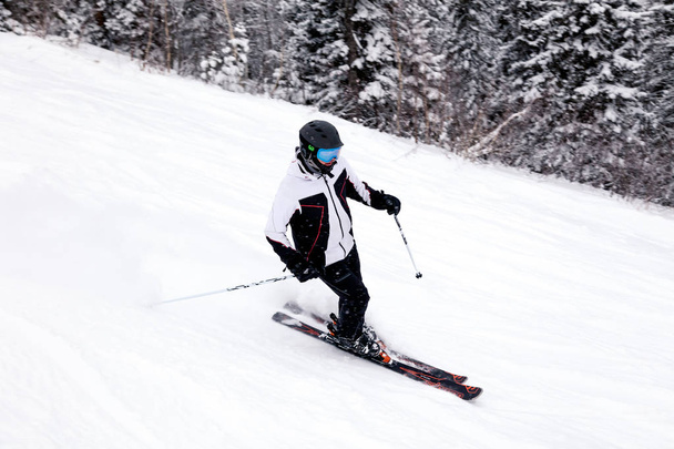 Venäjä, Sheregesh 2018.11.18 Ammattimainen hiihtäjä kirkkaissa urheiluvaatteissa ja asussa hiihto alamäkeen lumisilla aurinkoisilla korkeilla vuorilla. Suhahdus, pehmeä keskittyminen, esine liikkeessä. Turvallisen lepoajan käsite
 - Valokuva, kuva