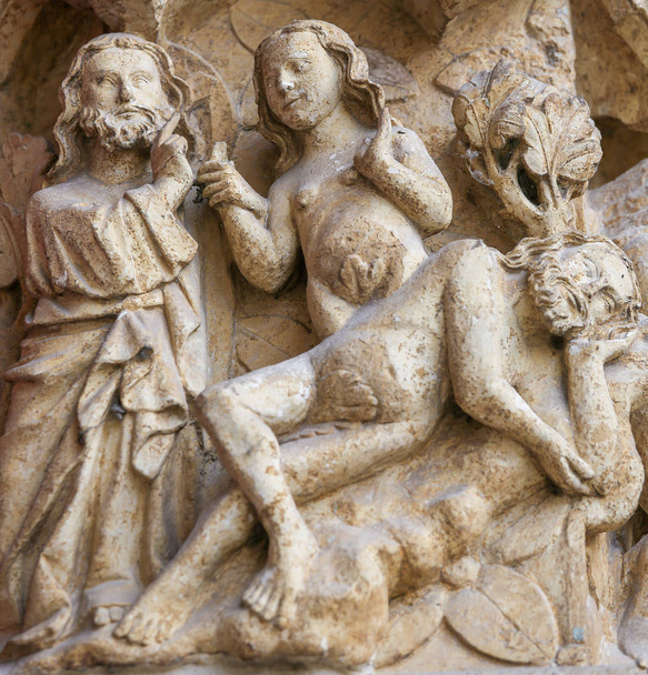 Escultura en la famosa catedral gótica de Amiens, Francia, que representa la creación de Eva desde la costilla de Adán
. - Foto, imagen