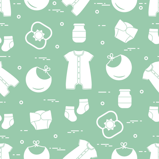 Seamless pattern with goods for babies. Newborn baby background. Bib, baby food can, rattle, socks, diapers, bodysuit. - Vector, afbeelding