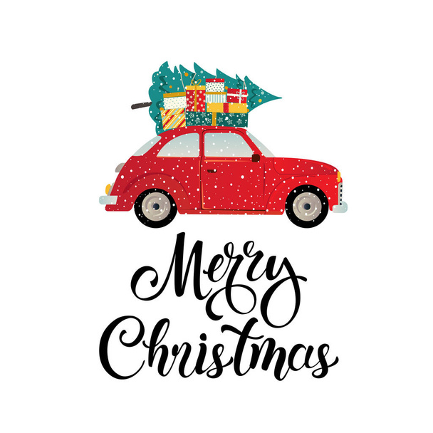 Merry christmas stylized typography. Vintage red car with christmas tree and gift boxes. Vector flat style illustration. - Vettoriali, immagini