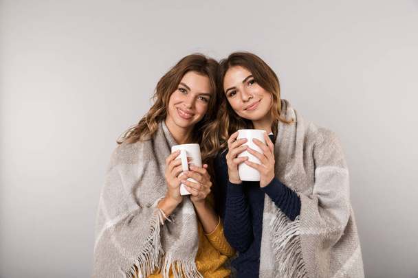 Image of two nice women covered with blanket holding cups with hot drink isolated over gray background - Photo, Image