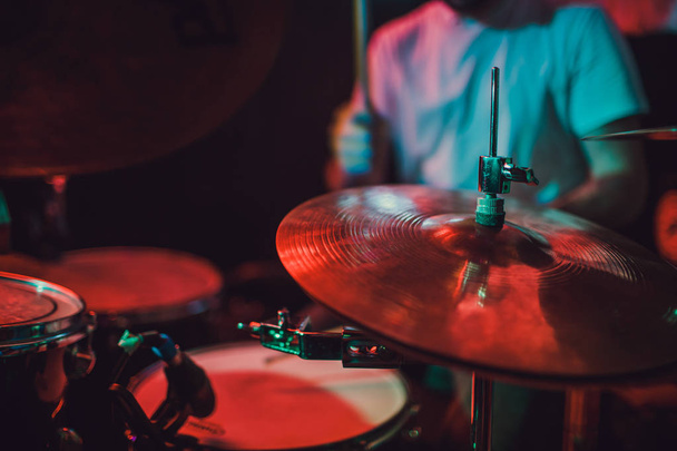 Professional drum set closeup. Drummer with drums, live music concert. - Zdjęcie, obraz