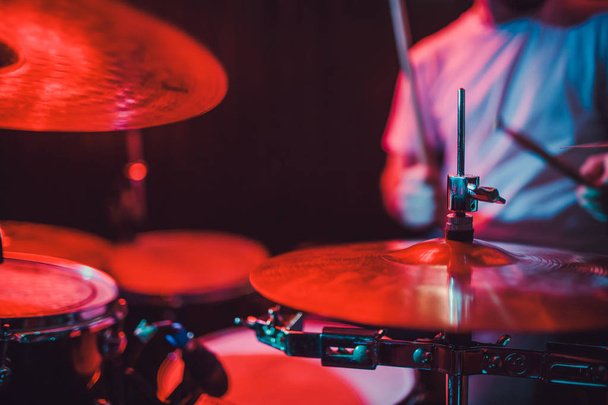 Professional drum set closeup. Drummer with drums, live music concert. - Foto, Imagem