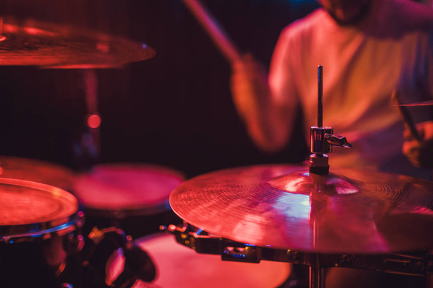 Professional drum set closeup. Drummer with drums, live music concert. - Fotó, kép