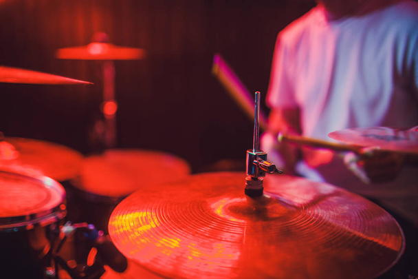 Professional drum set closeup. Drummer with drums, live music concert. - Foto, imagen