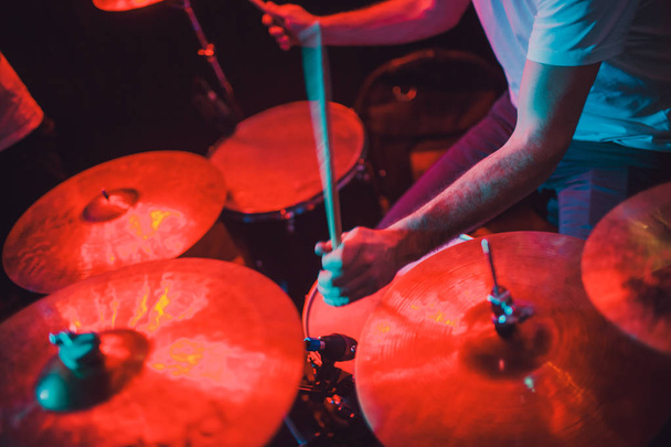 Professional drum set closeup. Drummer with drums, live music concert. - Фото, изображение