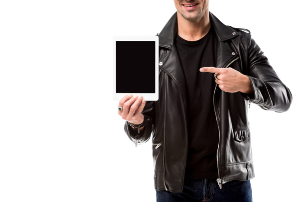 cropped view of man pointing with finger at digital tablet with blank screen isolated on white - Valokuva, kuva