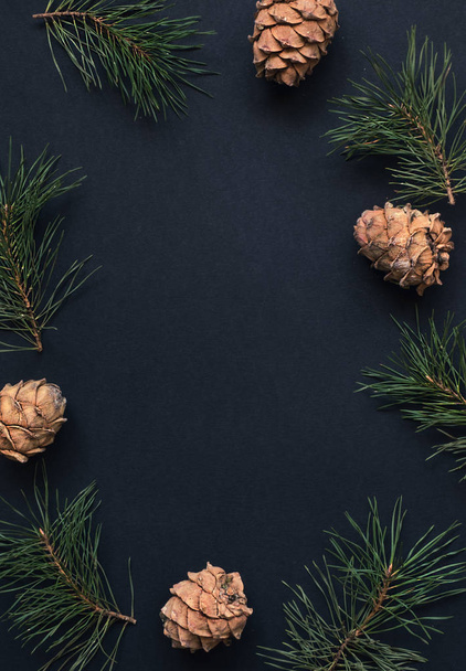 Fondo de conos de pino y ramas de cedro. Año Nuevo o fondo de Navidad. Natural y orgánico
. - Foto, Imagen