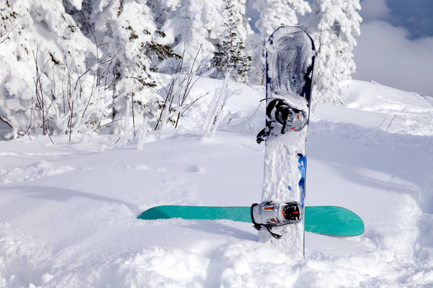 Dos tablas de snowboard están en la nieve contra el fondo de montañas y bosques. Concepto de recreación después de montar, apres ski
 - Foto, Imagen