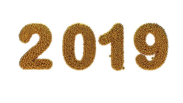Neujahr. Goldene Kugel mit goldenen Zahlen 2019 auf weißem Hintergrund. 3D-Darstellung. - Foto, Bild