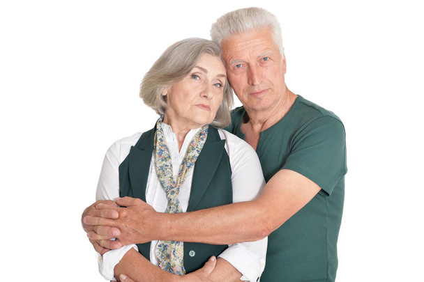 Portrait of thinking  senior couple isolated on white background - Foto, afbeelding