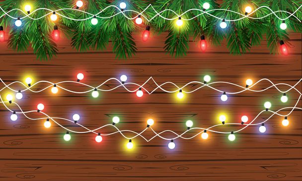 Tło tekstura drewna wakacje wektor z gałęzi jodły i Boże Narodzenie światła projektowanie Christmas & nowy rok: drewniane tła z Boże Narodzenie świateł girlanda. Ilustracja wektorowa - Wektor, obraz