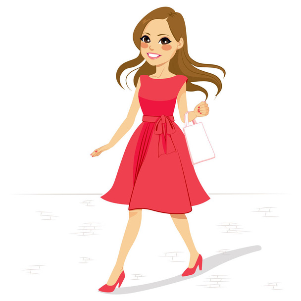Beautiful woman in pink dress and high heels walking street with white bag - Vector, Imagen