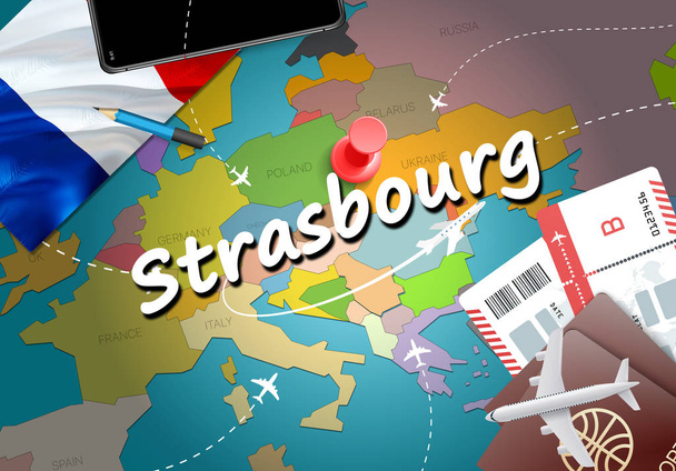 ストラスブール市旅行・観光目的地概念。フランスの国旗と地図ストラスブール市。フランス旅行コンセプト マップの背景です。飛行機とストラスブール休日フランス官報への航空券をチケットします。 - 写真・画像