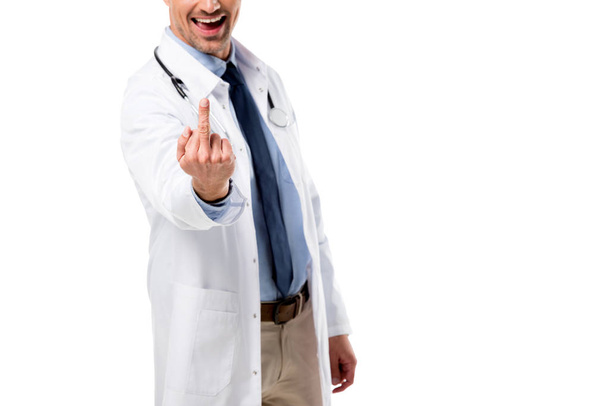 oříznutý pohled doktora zobrazeno prostředníček izolované na bílém - Fotografie, Obrázek