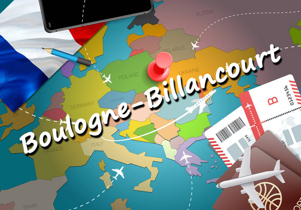 Boulogne-Billancourt city travel and tourism destination concept. France flag and Boulogne-Billancourt city on map. France travel concept map background. Tickets Planes and flights to Boulogne-Billancourt holidays French vacatio - Photo, Image