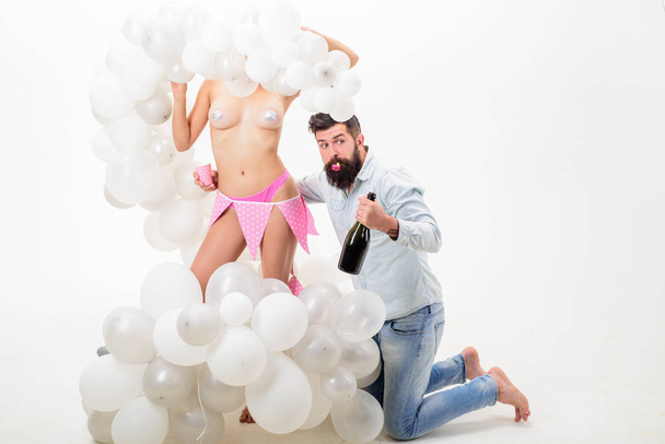 Birthday stripper for him. Hipster bachelor celebrate. Idea bachelor party. Man bearded bachelor celebrate drink champagne. Private dance for bachelor. Stag party. Sexy girl strip dancer surprise - Fotografie, Obrázek