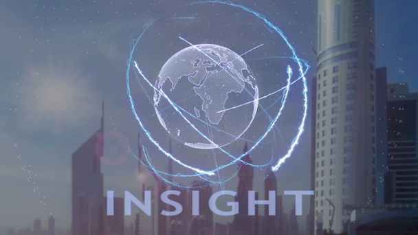Insight text with 3d hologram of the planet Earth against the backdrop of the modern metropolis - Footage, Video