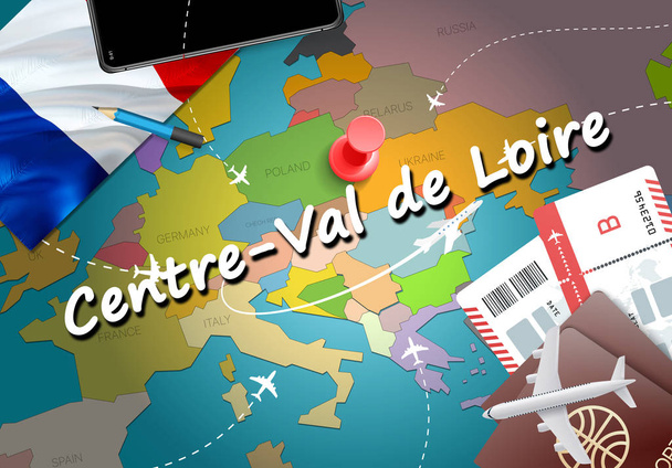 Centre-Val de Loire kaupunkimatkailun ja matkailukohteen käsite. Ranska lippu ja Centre-Val de Loire kaupunki kartalla. Ranska matkustaa käsite kartta tausta. Liput Lentokoneet ja lennot Centre-Val de Loire lomat Ranskan vacatio
 - Valokuva, kuva