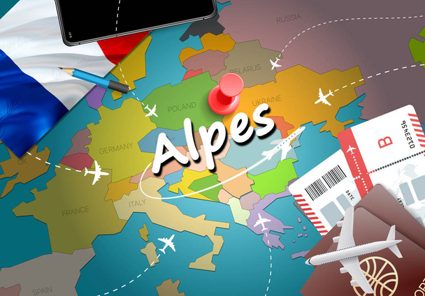 Alpes város utazás és a turizmus rendeltetési koncepció. Franciaország lobogója és Alpes városi térképen. Franciaország utazási koncepció megjelenítése háttér. Jegyek a repülőgépek és a járatok Alpes holidays francia vacatio - Fotó, kép