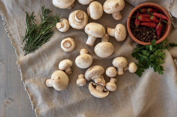 Champignon Pilze auf einem grauen Tuch - Foto, Bild