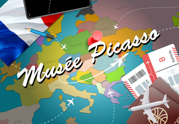Muse Picasso şehir seyahat ve Turizm hedef kavramı. Fransa bayrağı ve Muse Picasso şehir haritası üzerindeki. Fransa seyahat kavramı harita arka plan. Bilet uçak ve Muse Picasso Fransız tatil için uçuşlar - Fotoğraf, Görsel