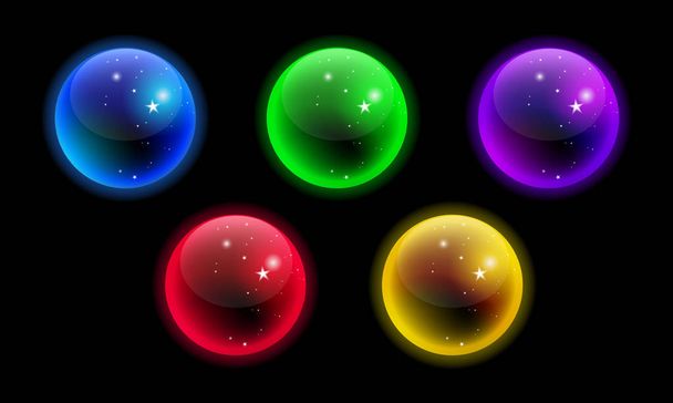 Vector glowing crystal sphere colorful set isolated on black background - Vektör, Görsel