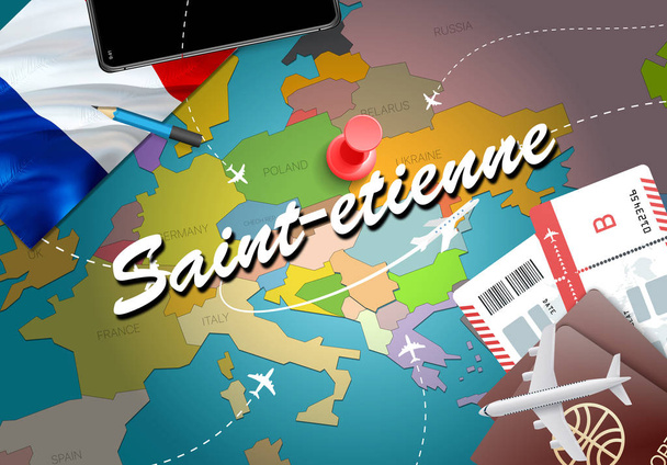 Saint-Etienne város utazás és a turizmus rendeltetési koncepció. Franciaország lobogója és Saint-etienne városi térképen. Franciaország utazási koncepció megjelenítése háttér. Jegyek a repülőgépek és a járatok Saint-etienne holidays francia vacatio - Fotó, kép