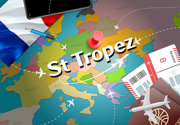 サントロペ市旅行・観光目的地概念。フランスの国旗と地図サントロペ市。フランス旅行コンセプト マップの背景です。飛行機とサントロペ休日フランス官報への航空券をチケットします。 - 写真・画像