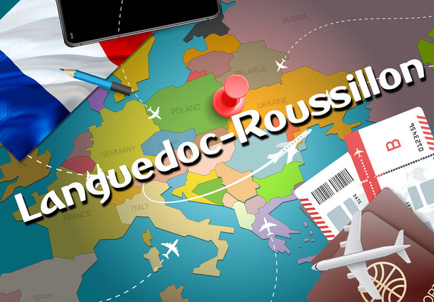 ラングドック = ルシヨン地域圏都市旅行と観光目的地概念。フランスの国旗と地図ラングドック = ルシヨン地域圏の都市。フランス旅行コンセプト マップの背景です。飛行機とラングドック = ルシヨン地域圏休日フランス官報への航空券をチケットします。 - 写真・画像