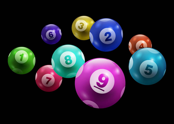 Διάνυσμα Bingo / αριθμολαχείου πολύχρωμες μπάλες 1 έως 9 σετ απομονώνονται σε μαύρο φόντο - Διάνυσμα, εικόνα