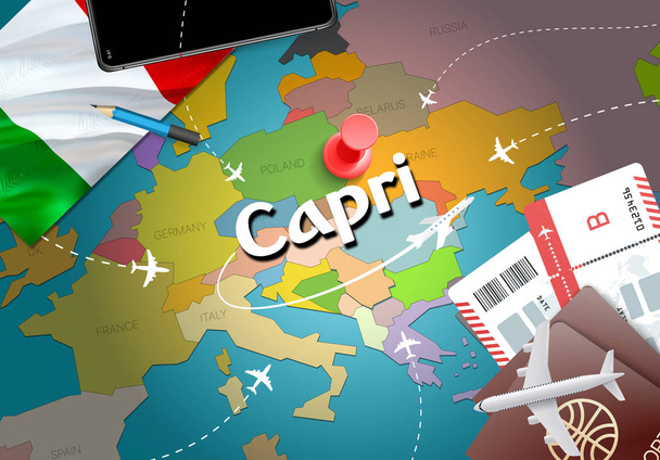 カプリ市旅行・観光目的地概念。イタリアの国旗と地図カプリ島市。イタリア旅行コンセプト マップの背景です。飛行機とカプリ島の休日イタリア官報への航空券をチケットします。 - 写真・画像