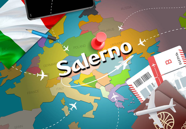 Salerno stad reizen en toerisme bestemming concept. Italië vlag en Salerno stad op kaart. Italië reizen concept kaart achtergrond. Vliegtuigen en vluchten naar Salerno feestdagen Italiaanse vacatio tickets - Foto, afbeelding