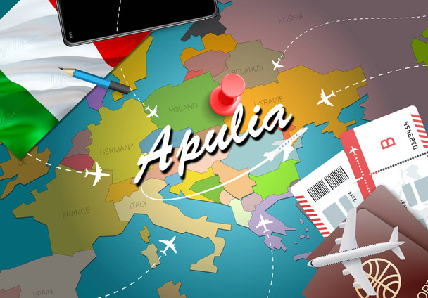 プーリア都市旅行と観光目的地概念。イタリアの国旗と地図プーリア市。イタリア旅行コンセプト マップの背景です。飛行機とプーリアの休日イタリア官報への航空券をチケットします。 - 写真・画像