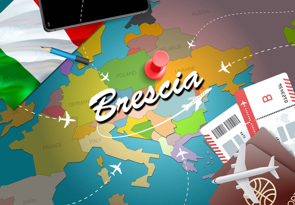 Brescia kaupungin matkailu ja matkailukohde käsite. Italia lippu ja Brescia kaupunki kartalla. Italia matkustaa käsite kartta tausta. Liput Lentokoneet ja lennot Brescia loma Italian vacatio
 - Valokuva, kuva