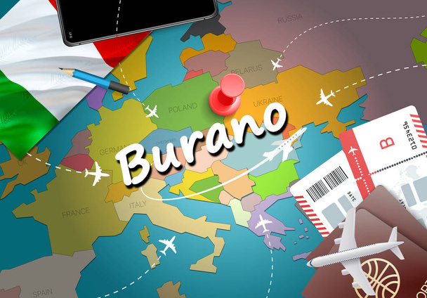 ブラーノ島市旅行・観光目的地概念。イタリアの国旗と地図のブラーノ島市。イタリア旅行コンセプト マップの背景です。飛行機とブラーノ島の休日イタリア官報への航空券をチケットします。 - 写真・画像