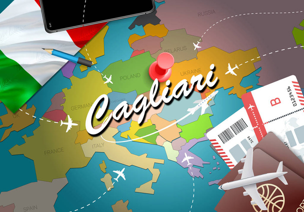 カリアリ市旅行・観光目的地概念。イタリアの国旗とマップ上のカリアリの市。イタリア旅行コンセプト マップの背景です。飛行機とカリアリの休日イタリア官報への航空券をチケットします。 - 写真・画像