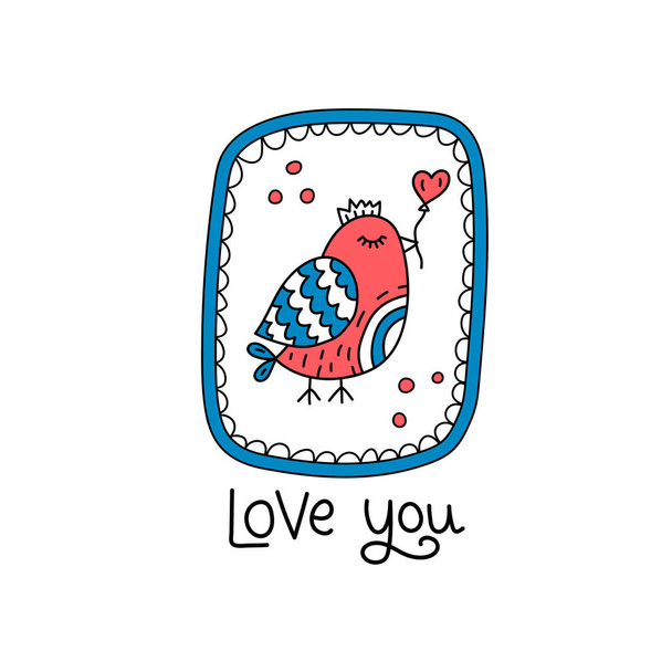 Cute doodle frame with bird and love you lettering - Wektor, obraz
