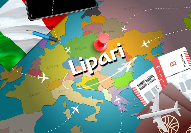 Lipari város utazás és a turizmus rendeltetési koncepció. Olaszország zászló és megjelenítése Lipari városa. Olaszország utazás koncepció megjelenítése háttér. Jegyek a repülőgépek és a járatok Lipari ünnepek olasz vacatio - Fotó, kép
